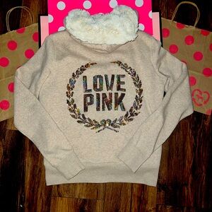 VS PINK SIZE XS RARE HTF GOLD IRIDESCENT LOGO FAUX FUR LINED COAT.